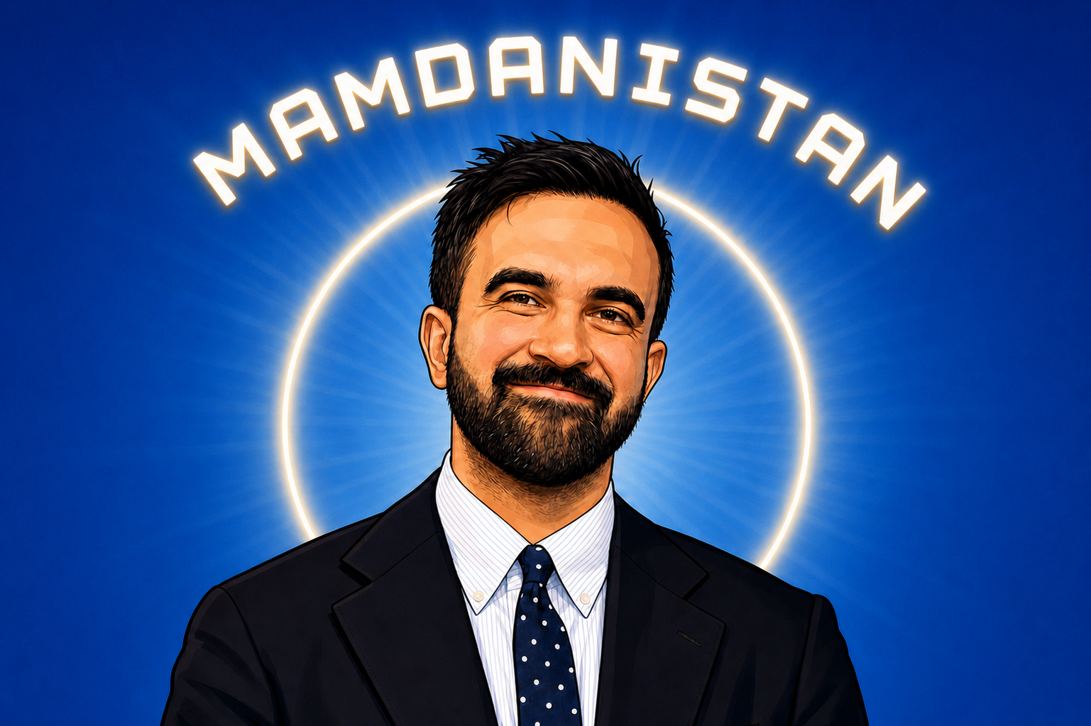 Cartoon portrait of Zohran Mamdani with Mamdanistan lettering and a luminous halo on a deep blue background